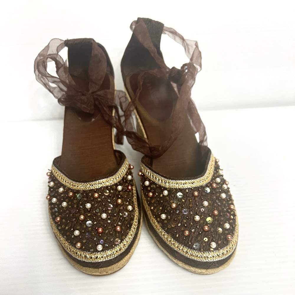 Laura Ashley wedge shoes with ankle strap 11M brown with beads detailing